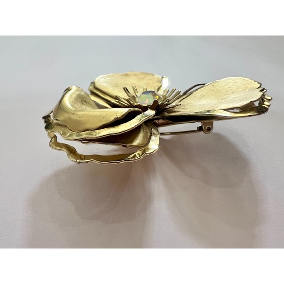 Vintage Gold Tone Sculptural Flower Brooch AB Rhinestone Mid Century Statement - Picture 11 of 12